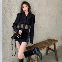 fashionable female lace suit jacket skirt women spring autumn sexy short skirt hollow out black long sleeve blazers suit collar