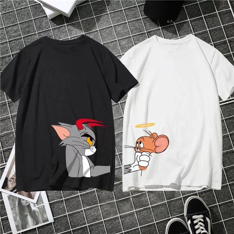 

Cat Tom Jerry Mouse Men T-shirt Funny Cartoon Women's Print Couples Clothes Casual Kawaii O-neck Man Short Sleeve T-shirt Tops