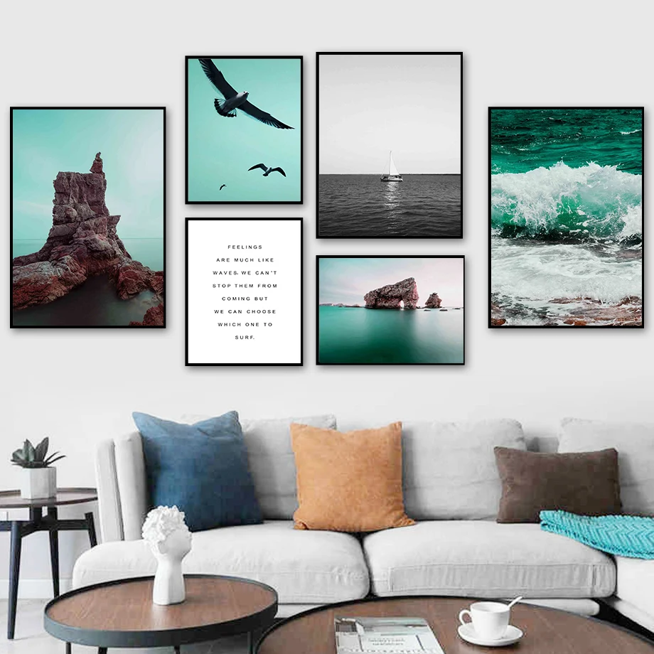 

Sky Seagull Ocean Wave Reef Boat Quote Wall Art Canvas Painting Nordic Posters And Prints Wall Pictures For Living Room Decor