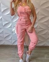 2020 sexy solid spaghetti strap jumpsuit women strapless pockets design cargo suspender overalls rompers chic streetwear