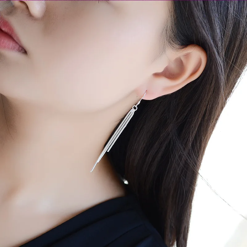 

925 Sterling Silver 3 Pieces Snake Chain Tassel Drop Earrings For Women Fashion Jewelry