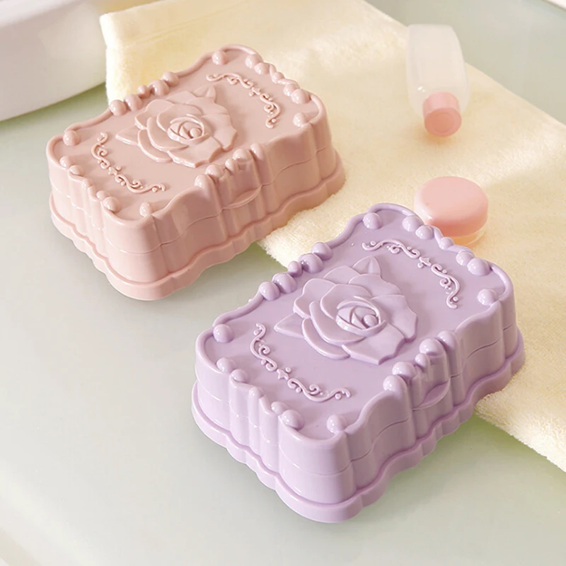 

Rose carved Portable Soap Box Case Holder Container Wash Dust-proof Soap case Home Bathroom Accessories Soap Dish storage case