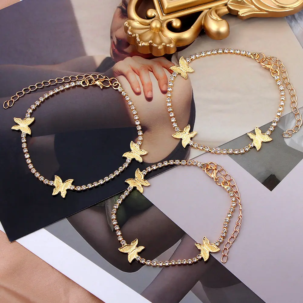 

Shining Cute Butterfly Crystal Tennis Anklet for Women Gold Silver Color Boho Sandals Rhinestone Foot Ankle