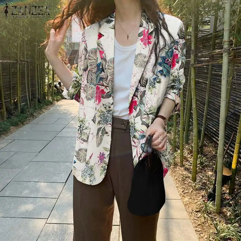 

Женская Весенняя куртка ZANZEA, модный блейзер с цветочным принтом, Повседневная Верхняя одежда с длинным рукавом, женские пальто на пуговицах...