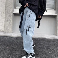 korean fashion women jeans vintage cross pu embroidery letter printing denim trousers hip hop baggy wide leg straight leg pants