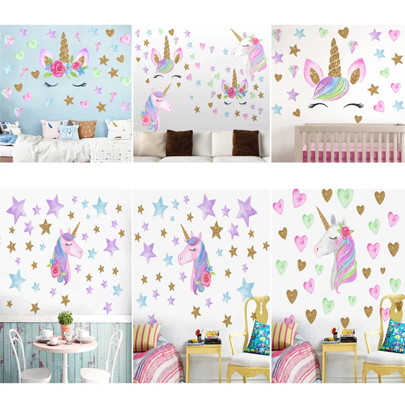 Наклейки на стену в виде единорога радужные цвета|Наклейки стену| |
