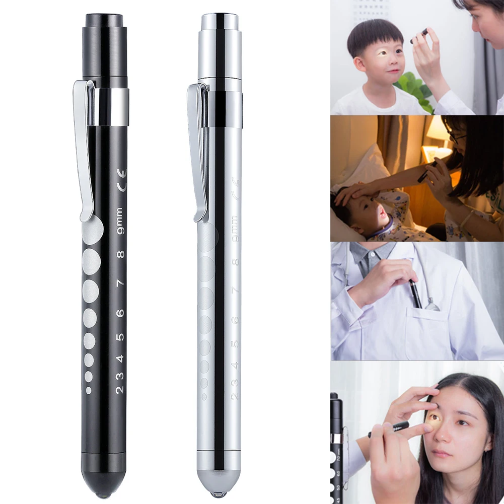 

2pcs Diagnosis With Pupil Gauge Aluminium Alloy Doctor Pen Light Led Button Battery Powered Ruler Clip Nurse Medical Portable