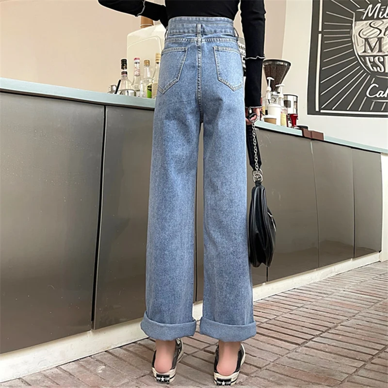 

Hong Kong Style Chic Jeans Women's Spring and Autumn High Waist Loose Ins Trendy Straight Slimming Versatile Small Wide Leg