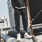 Штаны-карго HOUZHOU мужские черные, джоггеры, спортивные брюки, повседневные Хлопковые Штаны, корейские брюки-карго, уличная одежда в стиле хип-хоп с лентами