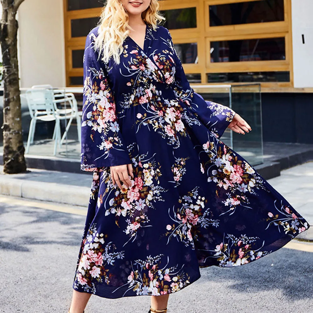 Женское платье макси с принтом FADZECO сексуальное большого размера плюс v образным