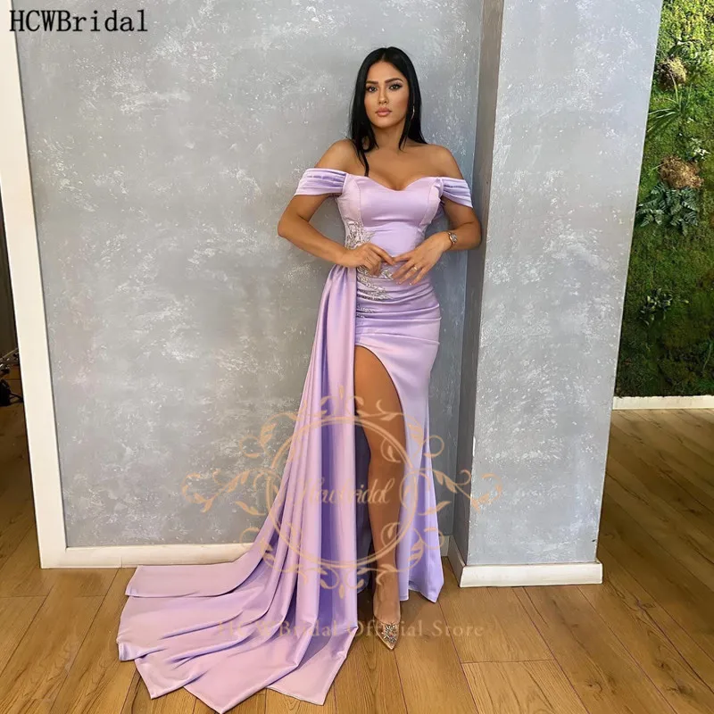 

Light Lavender Long 2021 Evening Dress With Silver Beads Off The Shoulder Side Slit Sexy Women Special Occasion Party Gowns Prom