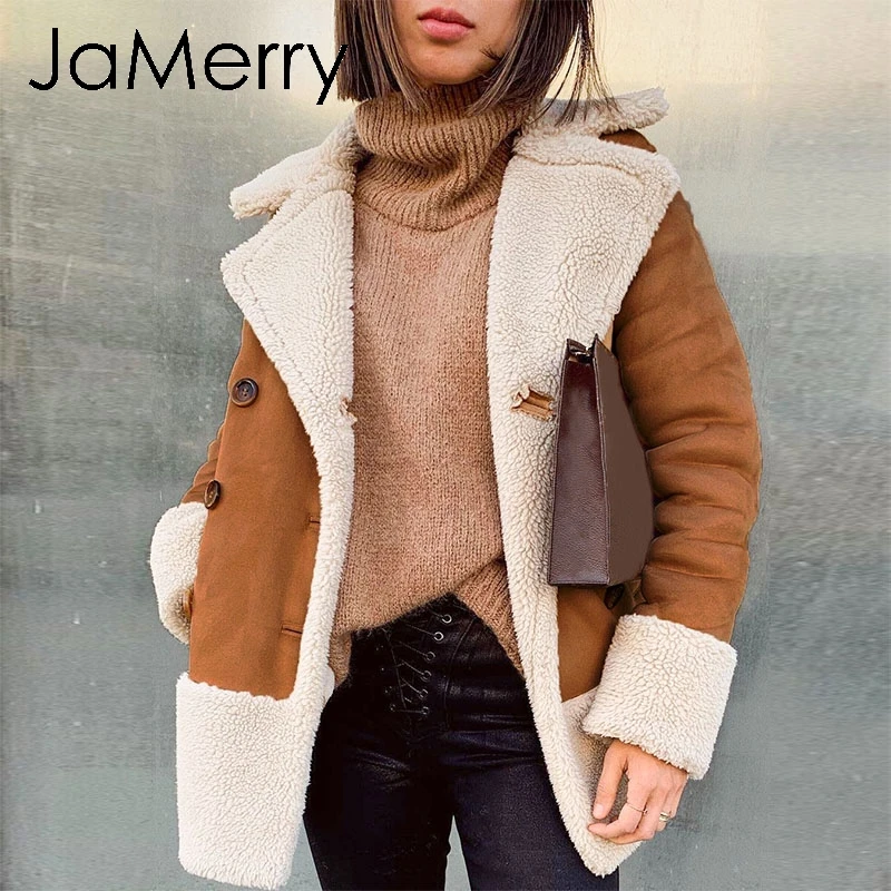 JaMerry/винтажное замшевое лоскутный мех пальто для женщин Осень зима пуговицы