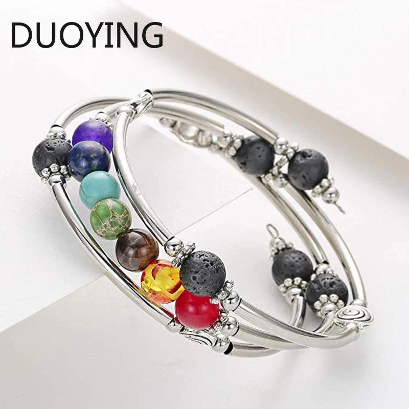 7 Чакра Мала Браслет с бусинами ручная работа проволочный браслет Лава Рок бирюзы