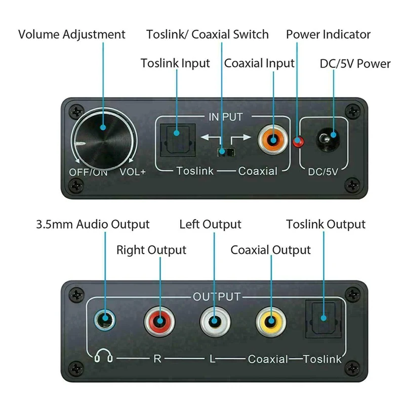 

New Digital To Analog Fiber Converter Coaxial To 5.1 Channel Audio Decoder 3.5mm Headphone With Adjustment