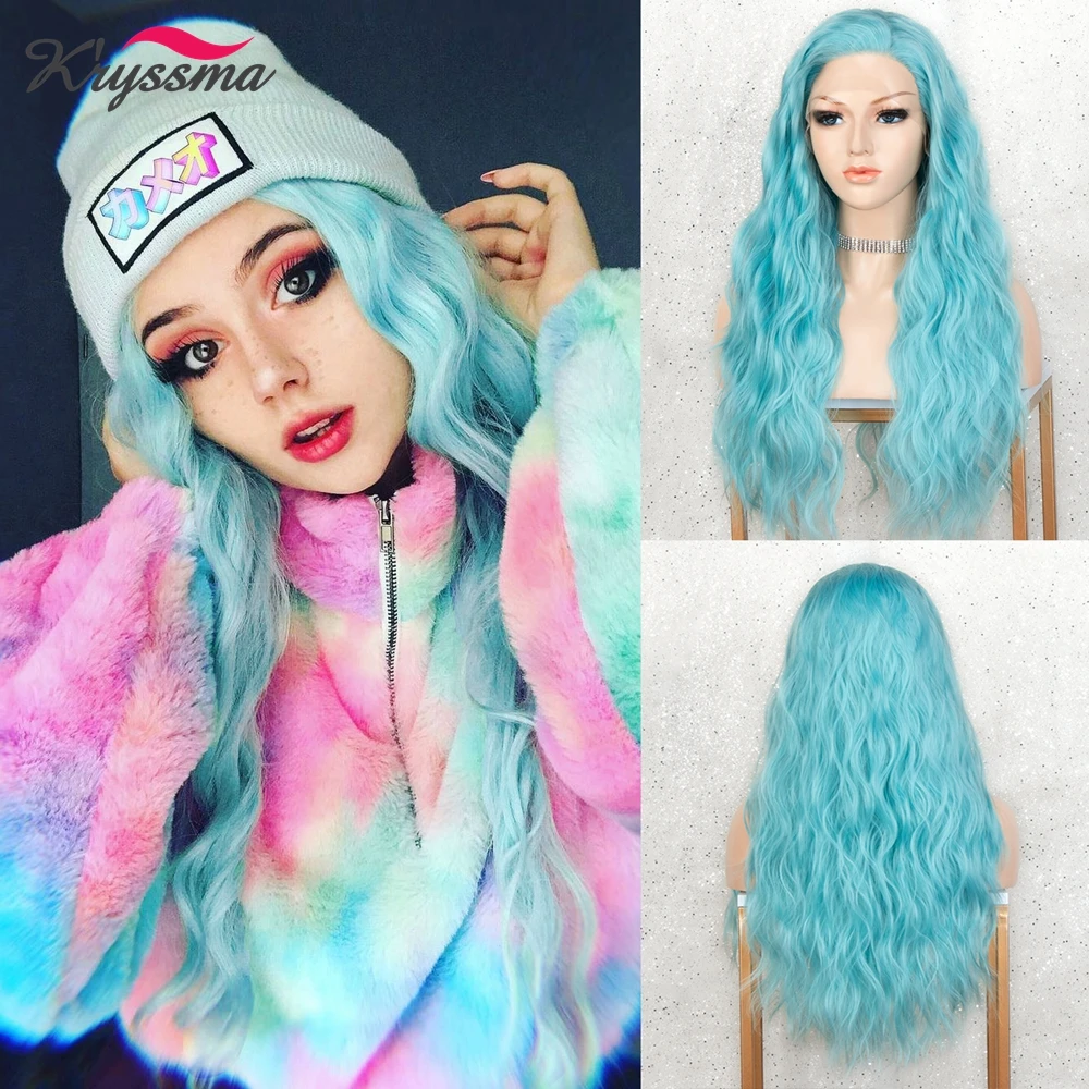 Kryssma Blue Synthetic Lace Front Wig Long Wavy 13x4 Synthetic Hair Glueless Lace Wigs with Natural Hairline High Temperature