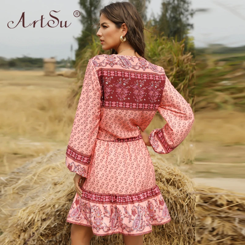 

ArtSu Boho Style Women Floral Print Two Piece Set Casual Lantern Sleeve Crop Top Mini Skirt Set Female Holiday Outfits 2020 Red