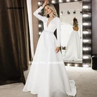 2020 простое свадебное платье с V-образным вырезом и длинными рукавами, атласное платье с открытой спиной и бусинами, свадебное платье А-силуэта по индивидуальному заказу, Интернет-магазин