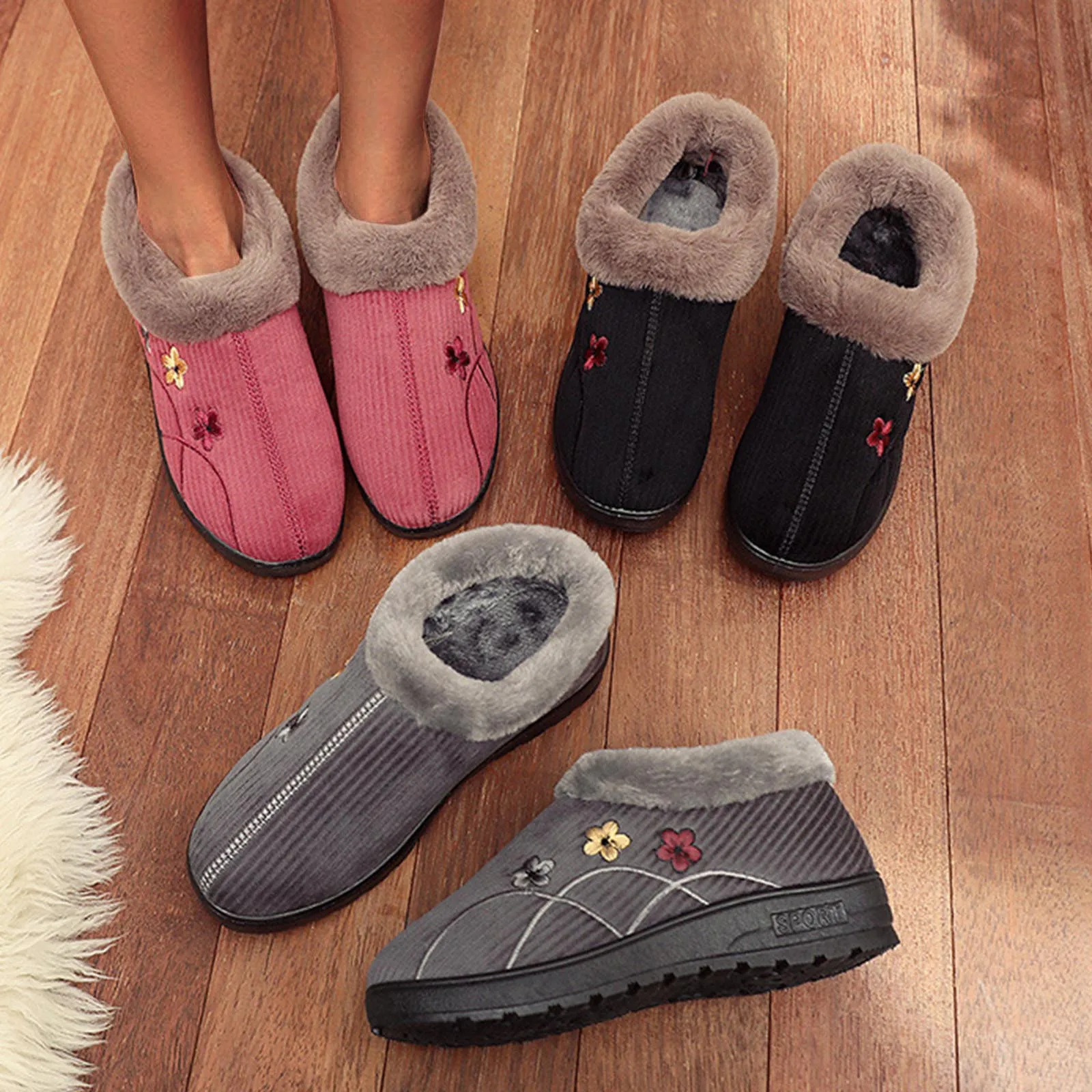 

Women Slippers Shoes Slip-On Furry Flat Home Keep Warm Slippers Shoes Indoor Bedroom Women Non-slip Soft Cotton Plush Slippers