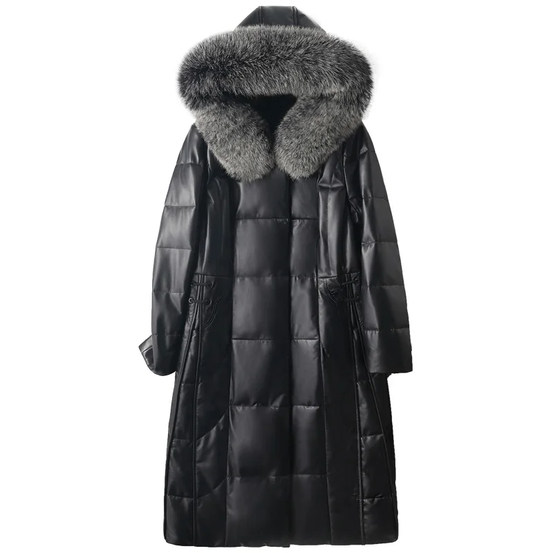 

Genuine Leather Jacket Women Winter Coat Hooded Warm Jackets for Women 2021 Fur Collar Down Coats Lady Midi Clothes Pele HLY188