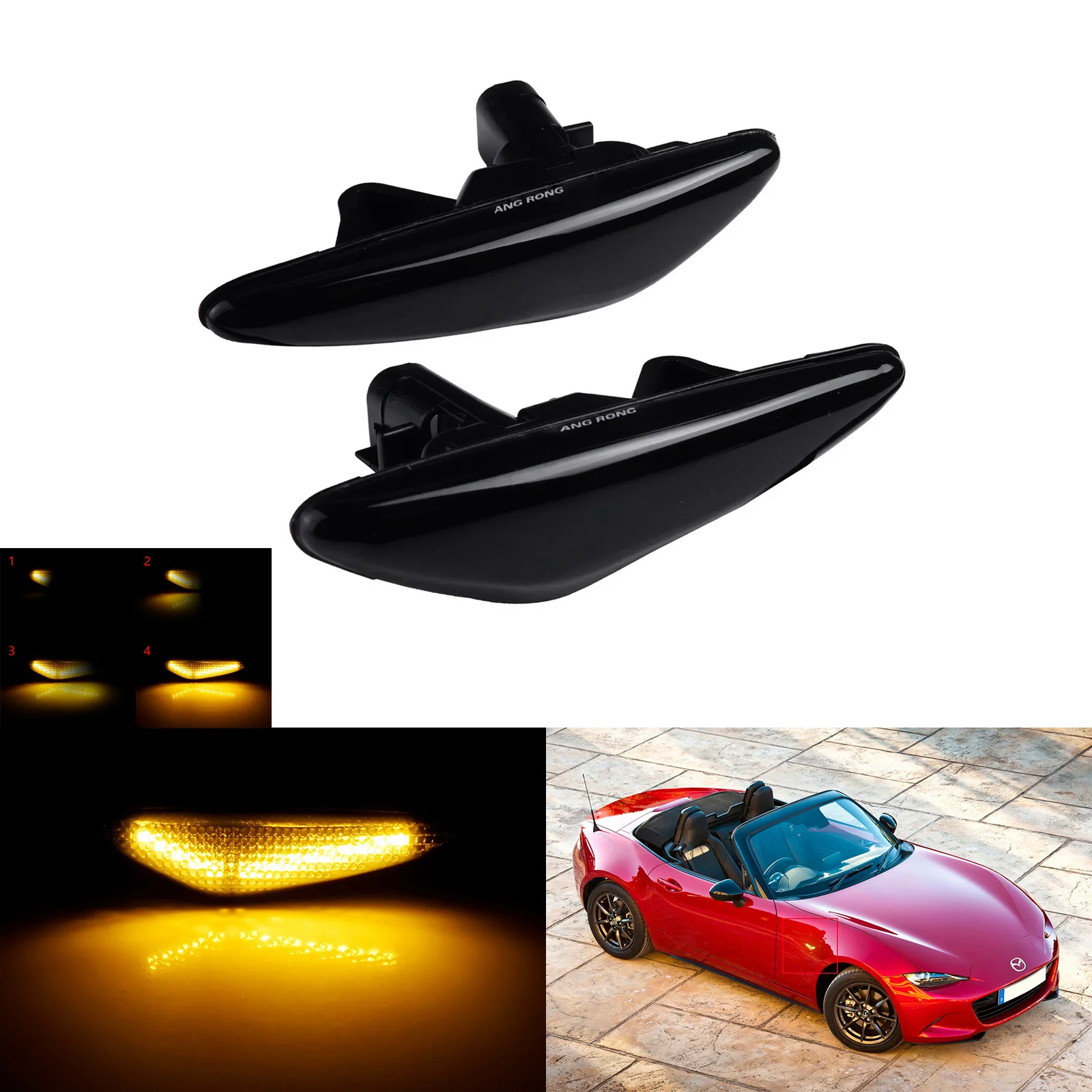 

ANGRONG 2X Янтарный светодиодный динамический индикатор, боковой ретранслятор светильник, черный объектив для Mazda 6 Atenza MX-5 ND