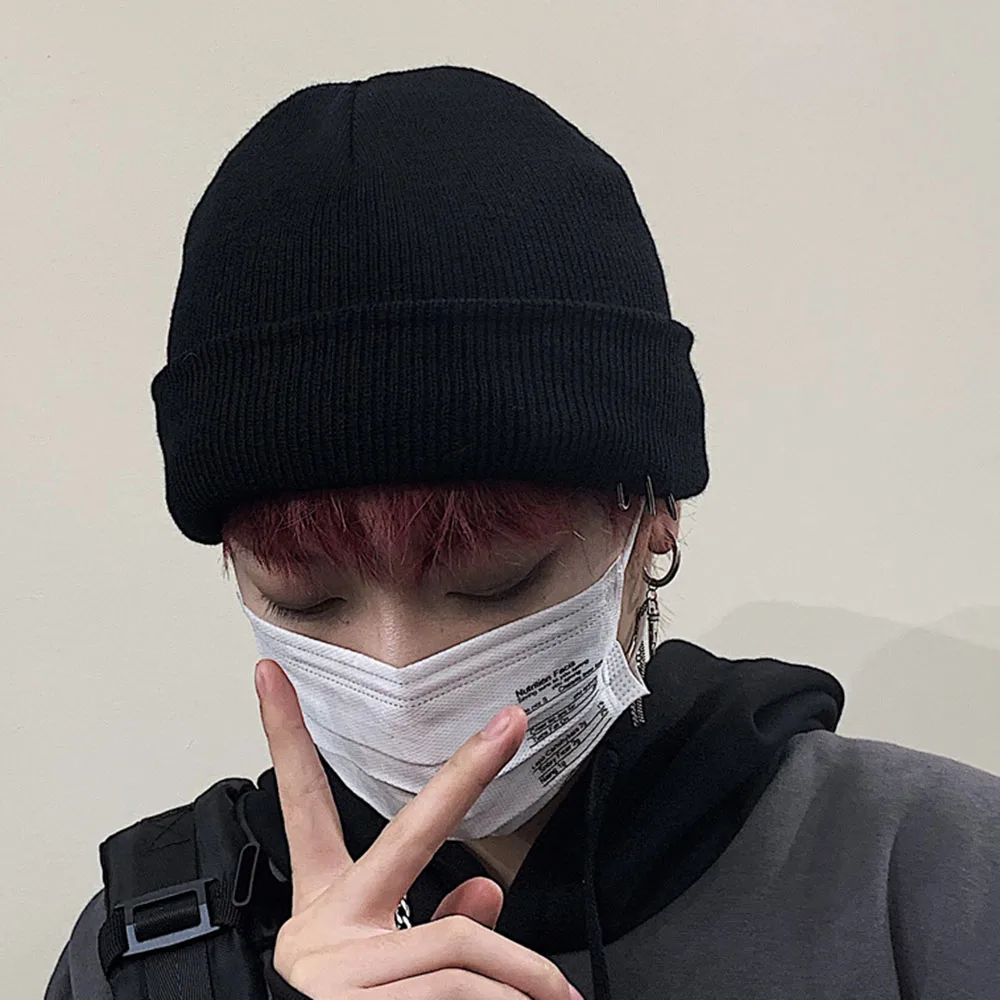 

Autumn And Winter Korean Retro Black Hoop Trend Personality Hat Wild Warm Knitted Wool Hat Men Women Dark Gothic Warm Hat