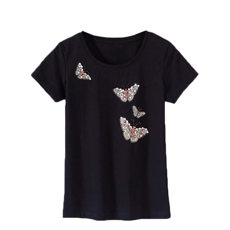 

2021 summer new short-sleeved hand-beaded butterfly pattern round neck women's T-shirt wild casual cotton large size shirt