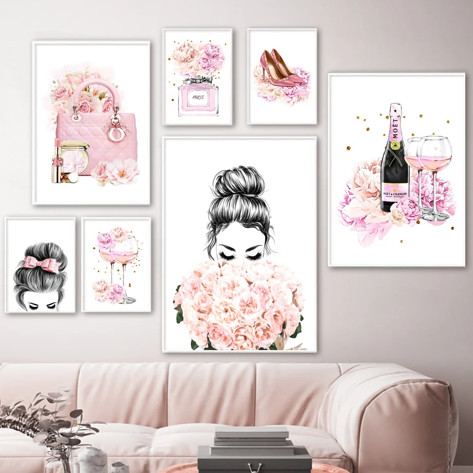 

Female Champagne Perfume Vogue Bag Wall Art Canvas Painting Nordic Posters And Prints Wall Pictures For Living Room Vanity Decor