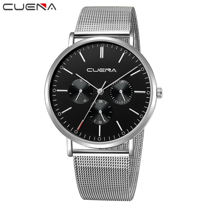 Мужские наручные часы CUENA брендовые деловые из нержавеющей стали с сетчатым