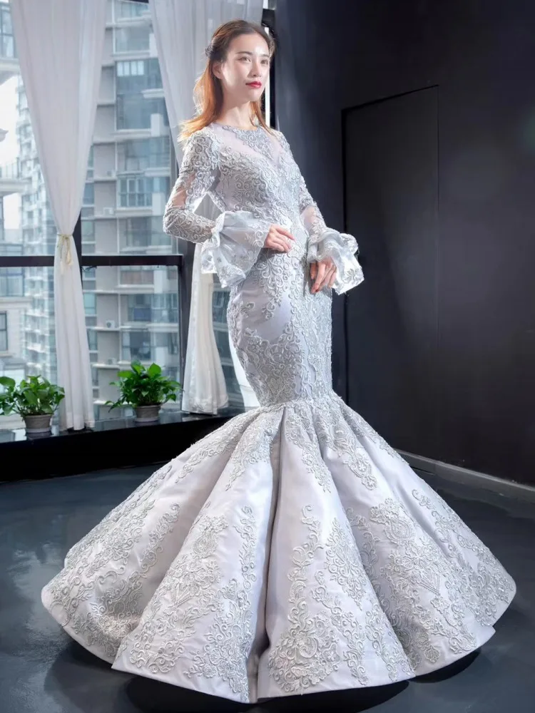 DD JYOY Long Sleeve Mermaid Evening Dress 2020 Lace Long Formal Women Evening Gown O Neck Grey Gold Colors Lace Up Back