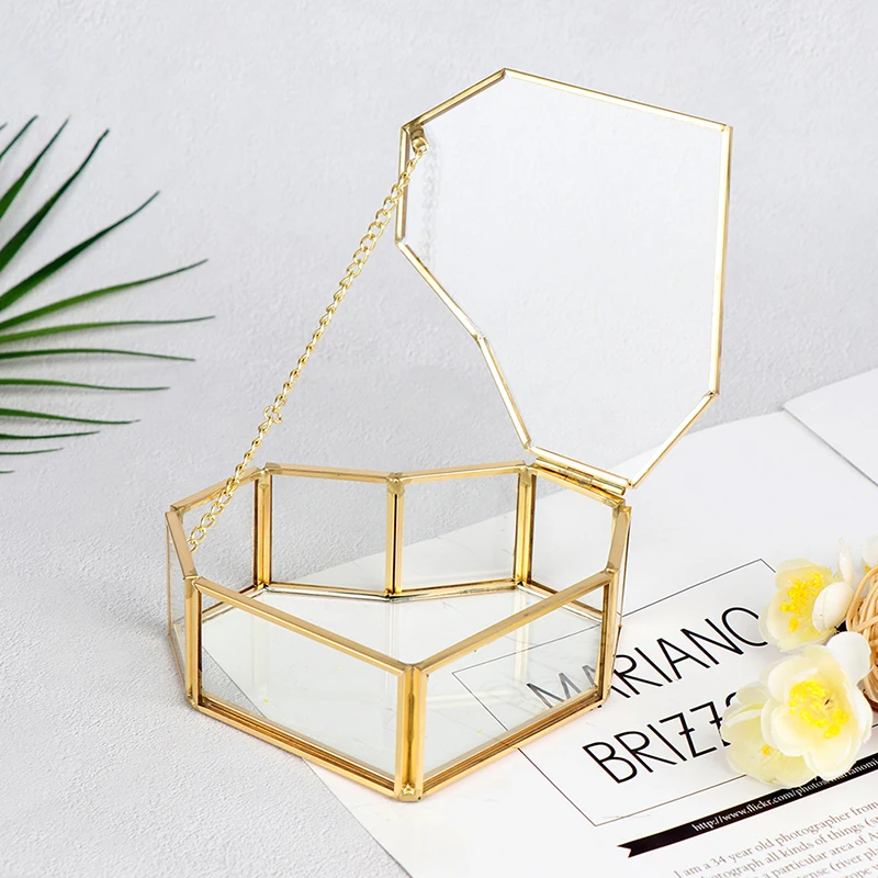 Heart Shape Geometrical Glass Jewelry Box Wedding Ring Box Ring Organizer Holder 