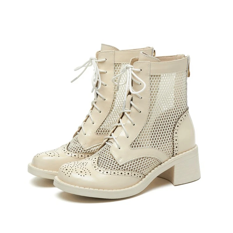 

Женские сапоги-оксфорды REAVE CAT, сетчатые сапоги из натуральной кожи с вырезами и круглым носком, сапоги на высоком квадратном каблуке 5,5 см с ...