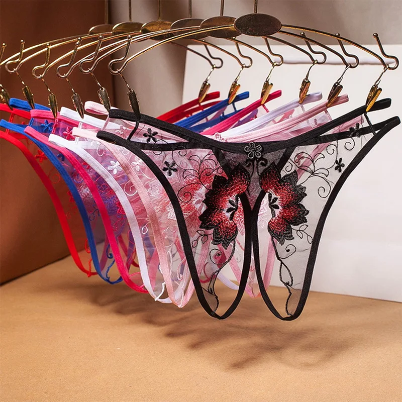 

Sexy Lace Embroidered Women Panties Hollow Transparent Thong Mesh Yarn Cotton Panty Low Waist Underwear T-Pants G-String Thongs