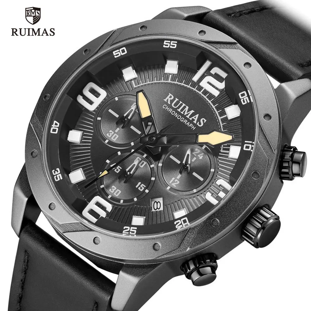 

RUIMAS Men's Chronograph Watches Luxury Top Brand Waterproof Watch Man Black Leather Quartz Wristwatch Male Army Relogios 595