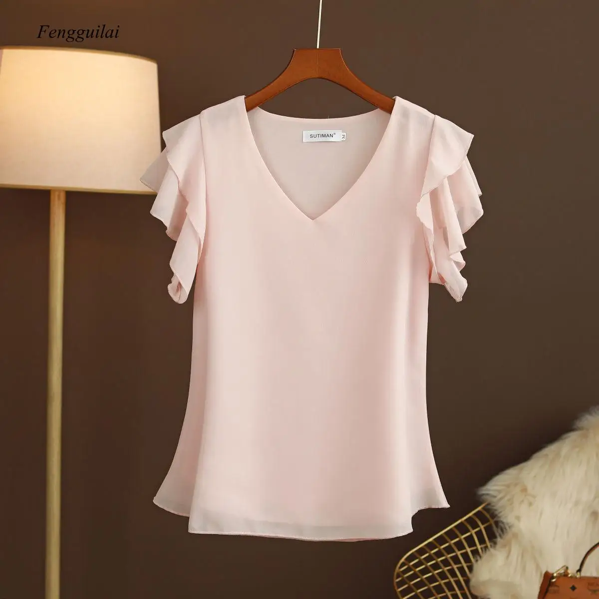 

Chiffon Women Summer Casual Tops New 2021 Korean Style Butterfly Sleeve V-Neck Woman Office Shirts