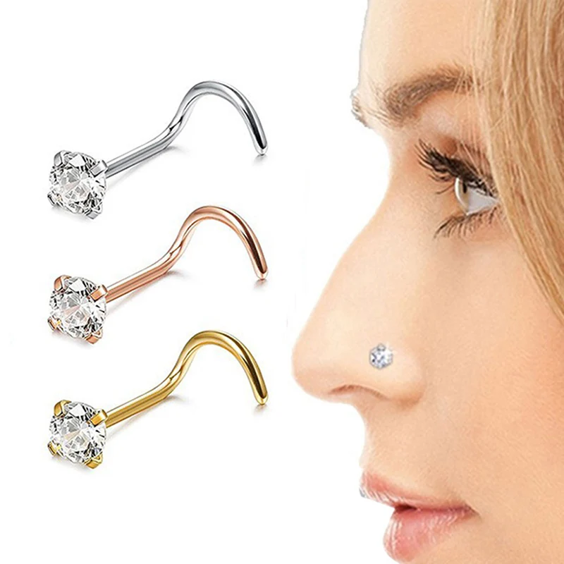 

1 Pcs 20G Steel CZ Gem Piercing Nose Screw Curved Prong Nose Stud Rings Body Jewelry Nose Rings Nariz Earrings Nostril Piercings