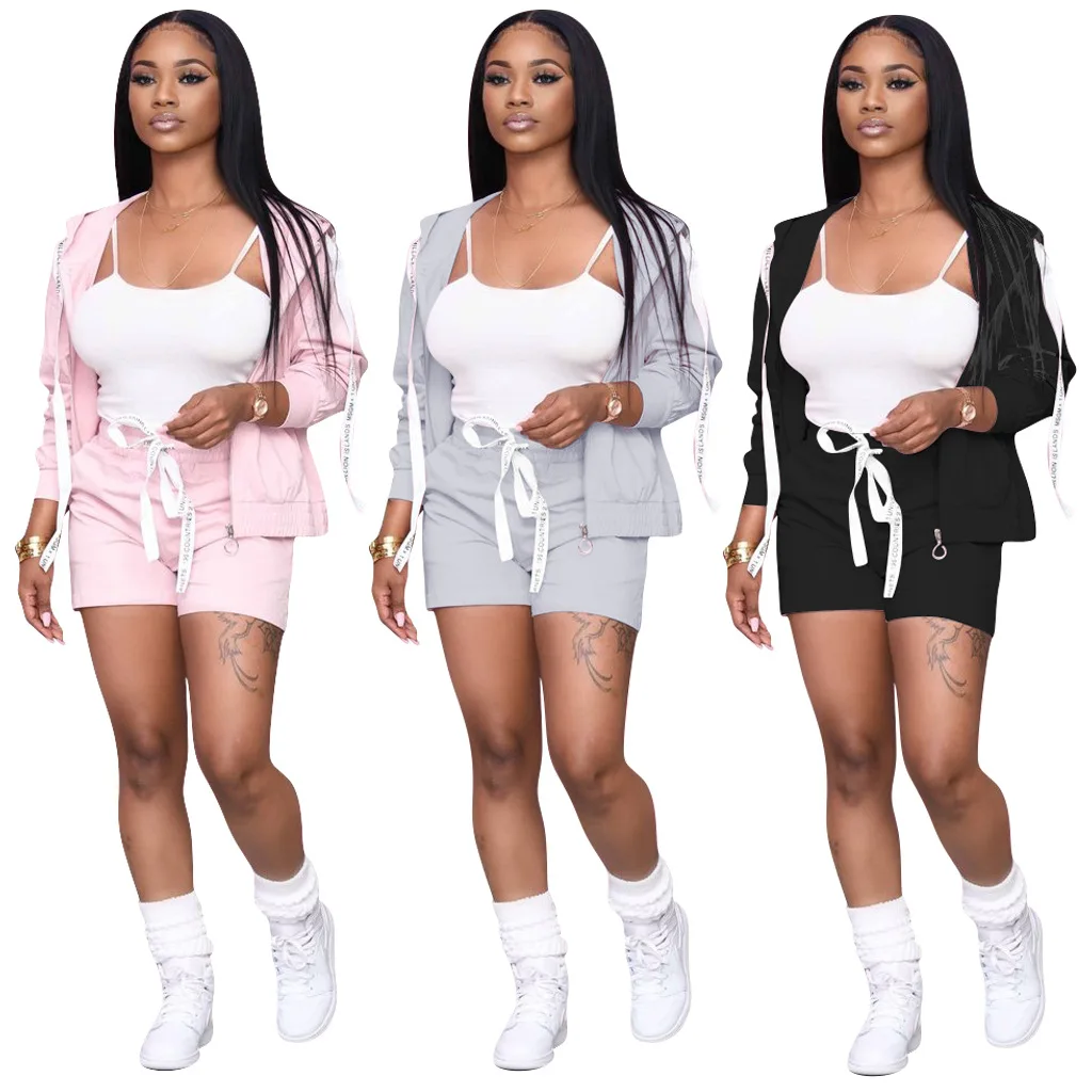 

Solid Three Piece Set Women Autumn Clothes Crop Tops +Long Sleeve Zipper Hooded Jacket + Pockets Shorts Loose Jogging Tracksuit