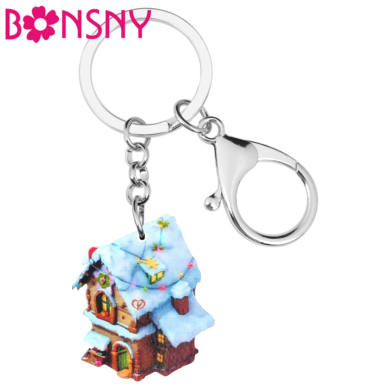 Bonsny акриловый Рождественский аниме замок Снежный дом брелки для ключей кольцо