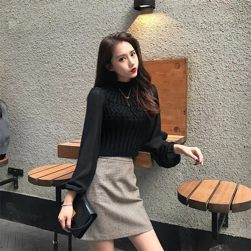 

2021 Spring And Autumn New Temperament Half Turtleneck Short Sweater Chiffon Lantern Long Sleeve Stitching Sweater Shirt Women