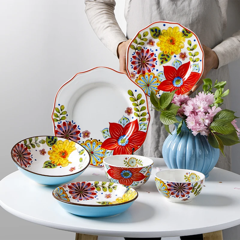 

Pastoral American Ceramic Dinner Plate Set Household Under Glaze Rice Soup Noodle Bowl Microwave Steak Dish Salad Dessert Plate