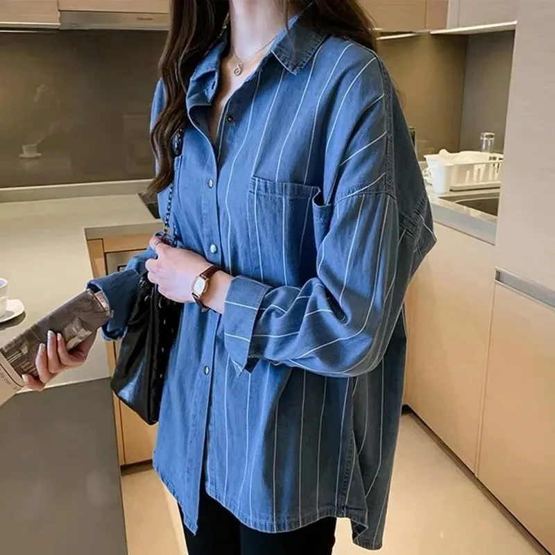 

New Front Back Single-Breasted Denim Blouse Women Long Sleeve Casual Shirt Tops Korean Style Plus Size S-4XL Loose Denim Blouse