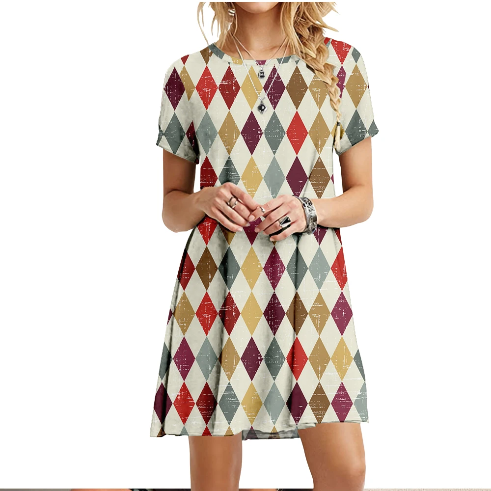 

Comfortable cross-border short-sleeved dress retro pattern printed loose casual skirt