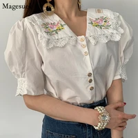 korean chic vintgae floral embroidery women shirt turn down collar lace tops lady casual short puff sleeve blouses blusas 13666