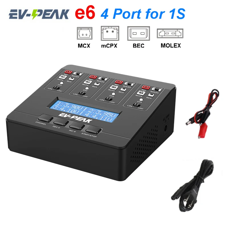 

EV-PEAK E6 17.4W AC/DC Smart Battery Charger For JST MCPX MCX MOLEX PlugTiny Whoop Blade Inductrix