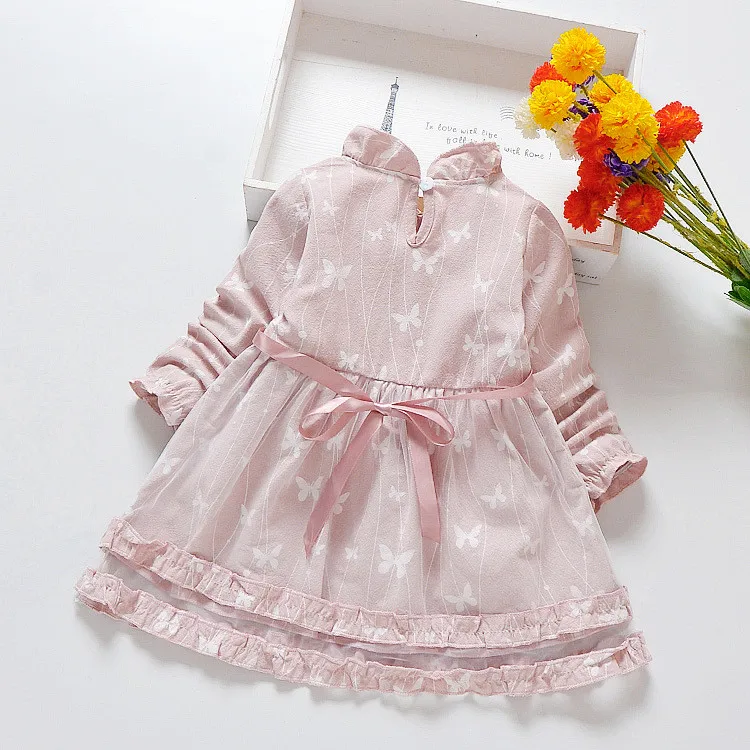 Baby Long Sleeves Lace Pure color Butterfly Pattern Children's Wear Dress Fashion O-neck Children Dresses For Wedding Party | Детская