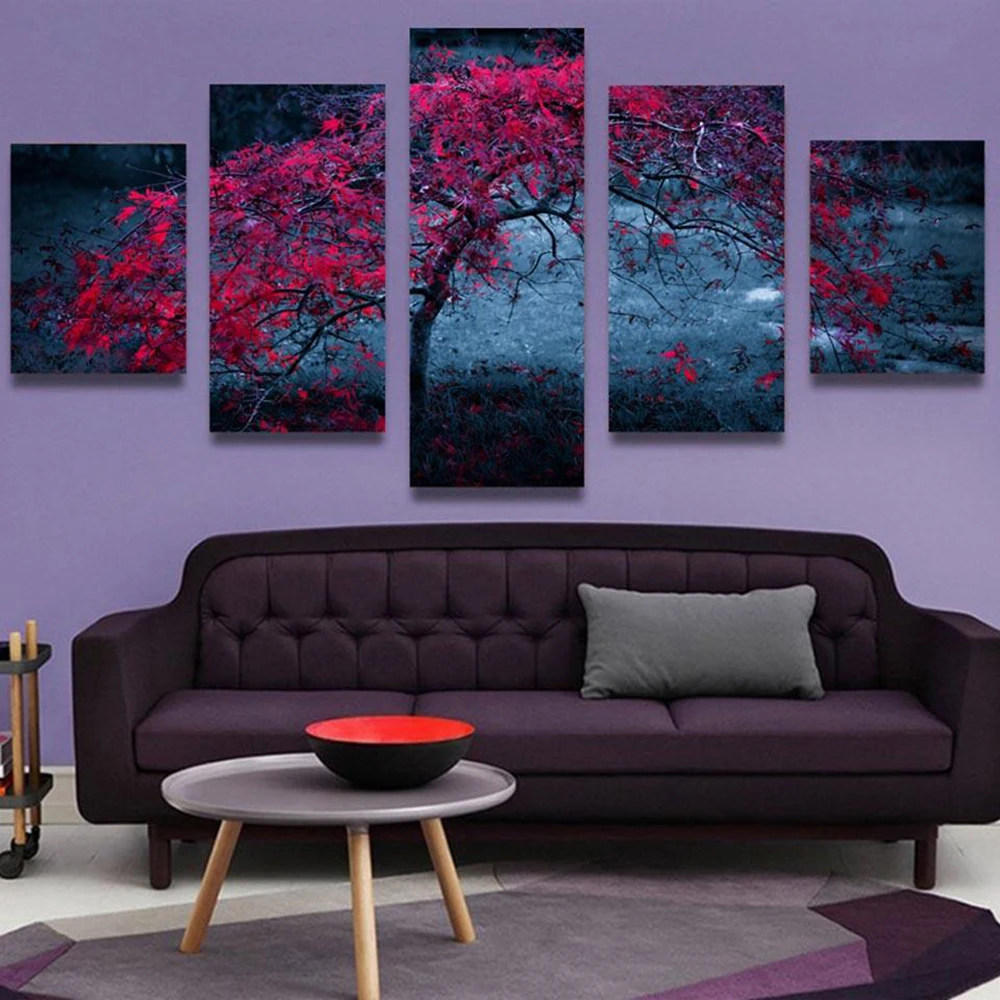 

5 Pieces Wall Art Canvas Painting Red Tree Landscape Poster Modular Pictures Home Decoration Modern Living Room Free Shipping