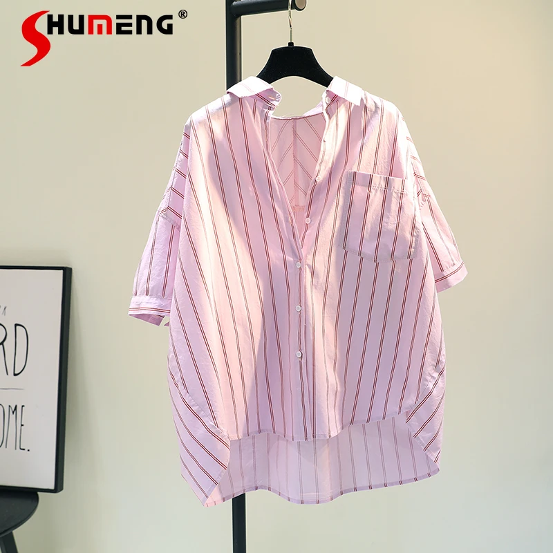 

2021 Summer Pink Striped Cotton Linen Women Shirt New Korean Style Loose Short-Sleeved Ladies Blouses Fashion Button Up Top