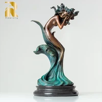 39cm modern art sexy girl statue abstract bronze kneeled nude female sculpture crafts with marble base for home deocr gifts