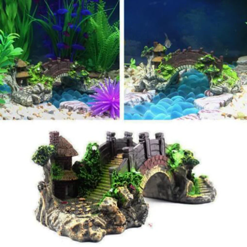 

Artificial Bridge for Aquarium Fish Tank Vintage Decorative Bridge Landscape Ornaments Pavilion Tree Plants Resin Fish Supplies