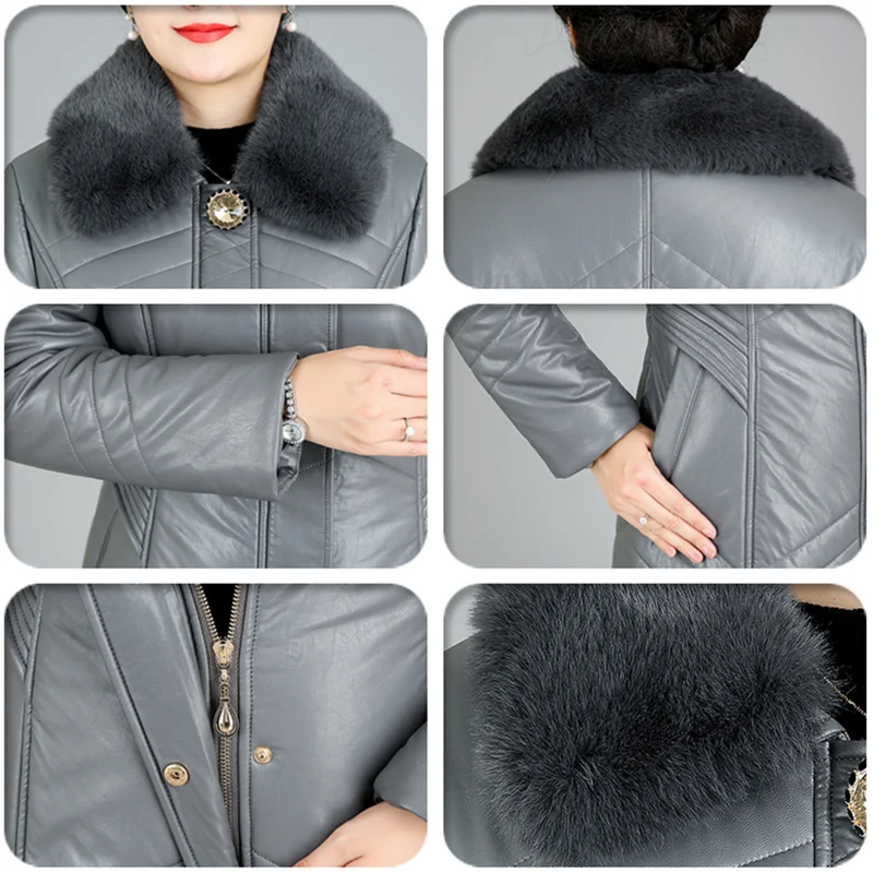 

Women Winter Long Leather Jacket PU Parkas Fur Collar Hooded Plus Size Women Leather Coat Female Parkas Thicken Outerwear 7XL