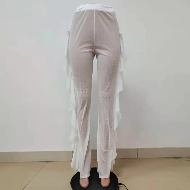 

Sexy Mesh Pants See-through Chiffon Ruffle Bottom See Through Women Loose Trousers High Waist Vacation Party Outfits Summer